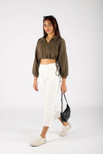 Lidiya Cropped Long Sleeve Top (Army Green)